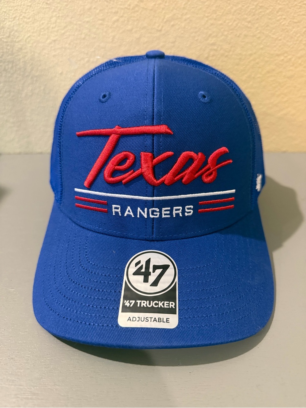 Texas Rangers '47 Brand Trucker Hat Blue Red Script Snapback Cap MLB NWT